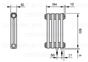 Схема (чертеж) Радиатор Zehnder Charleston 2060/4 №5510 Белый глянцевый RAL 9016